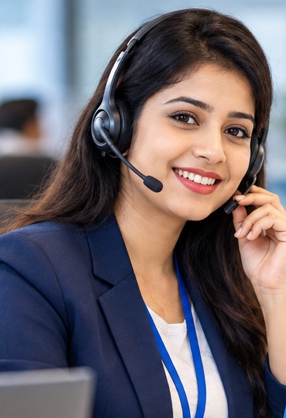 Illustrative female customer support executive wearing a headset
